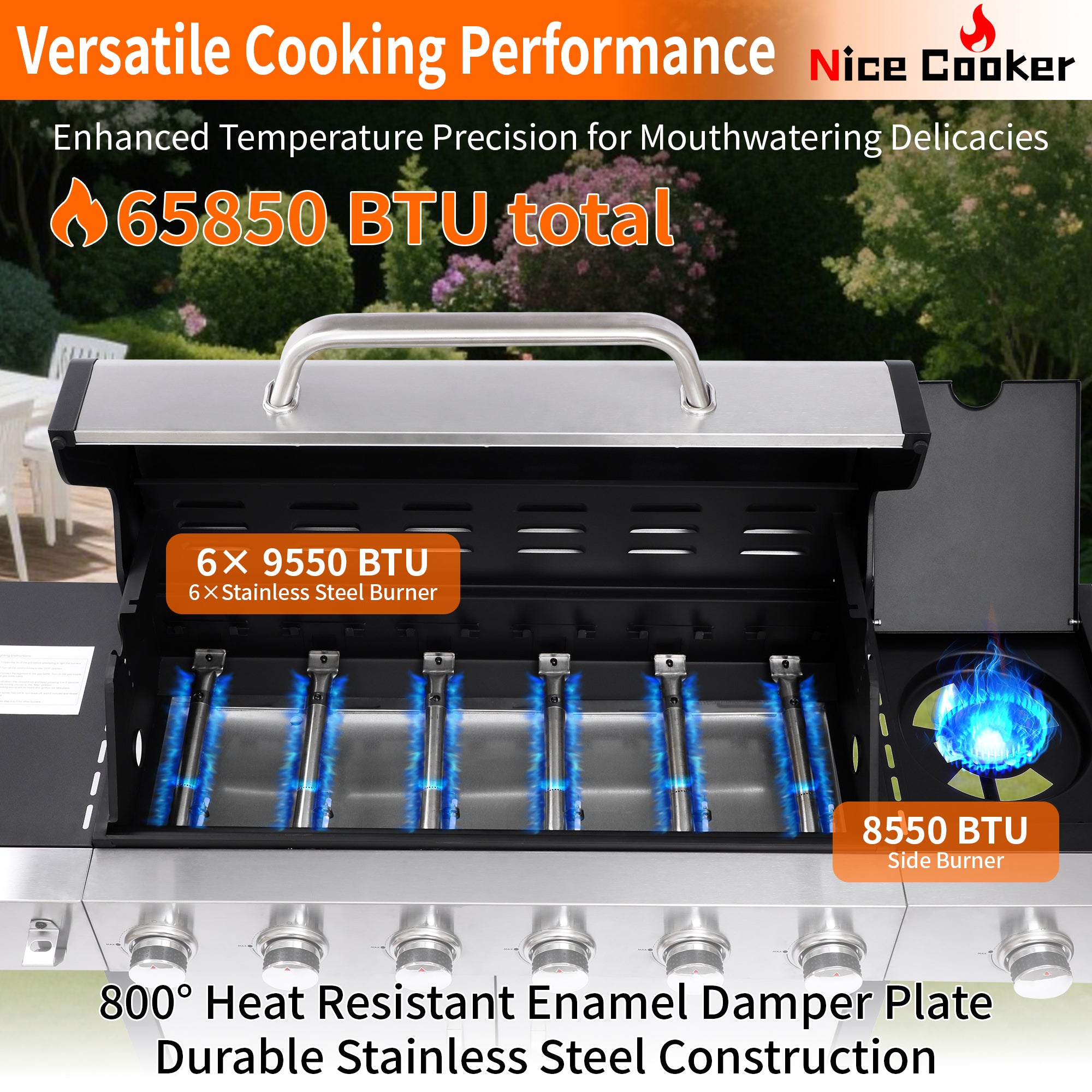 Nice Cooker 6-Burner Propane Gas BBQ Grill with Side Burner - 65850 BTU Total Output Stainless Steel Grills with Enameled Cast Iron Grill for Outdoor Backyard Barbecue, 620 SQ. IN. Cooking Area